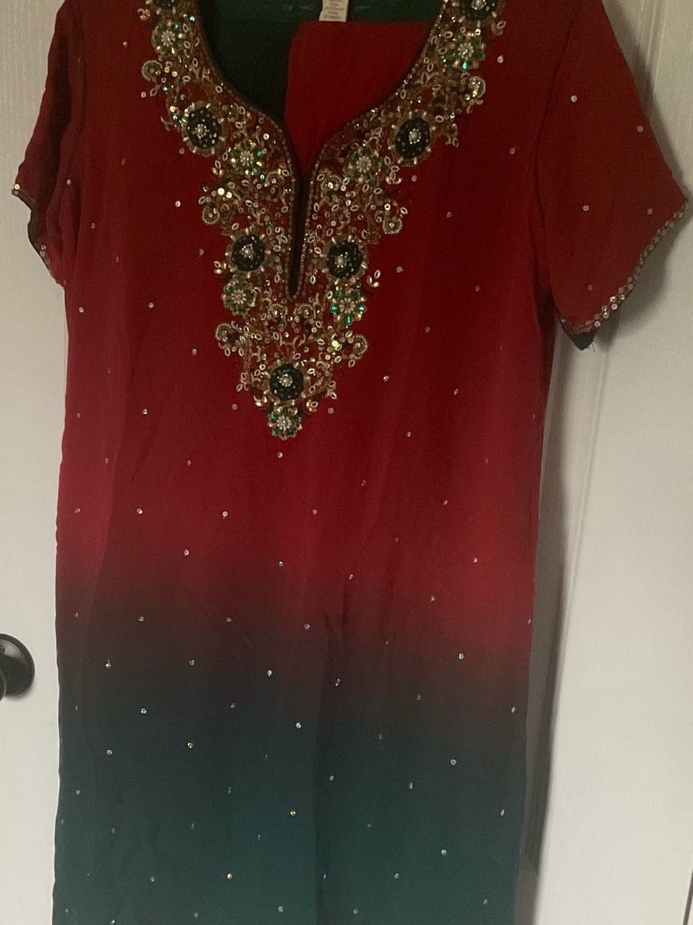 3 Pcs Embellished Red Ombre Georgette Women’s Indian Dress